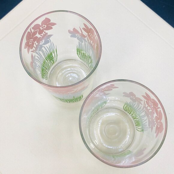 Mid Century Pastel Pink to Green Ombre Daffodils SET of 6 Water Juice Glass - Picture 4 of 9